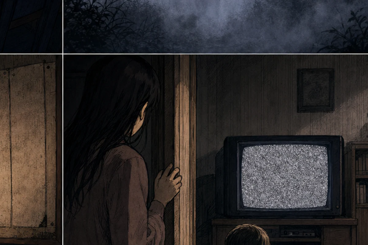 母親が戸口から見守る中、幼い子どもが海賊番組の代わりに砂嵐のテレビを見つめる場面