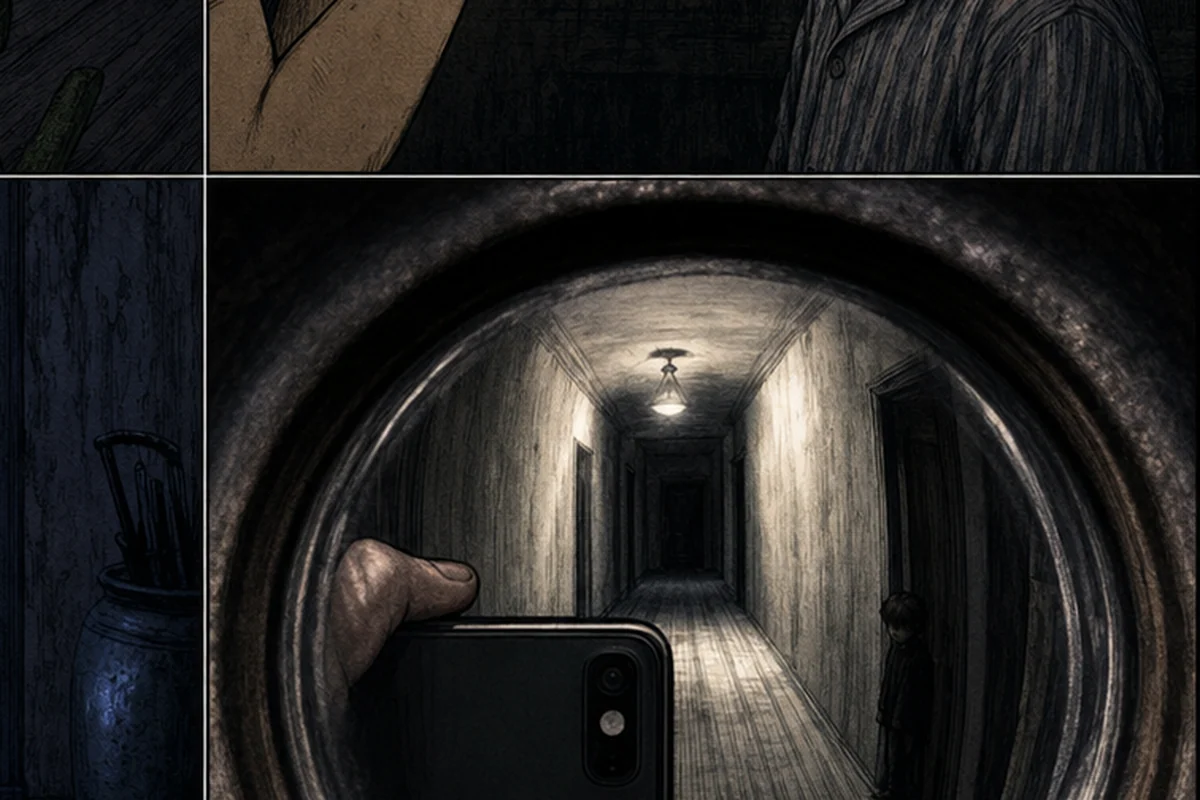 覗き穴から空の廊下を撮るスマートフォンの端に、小さな少年の影が写る場面