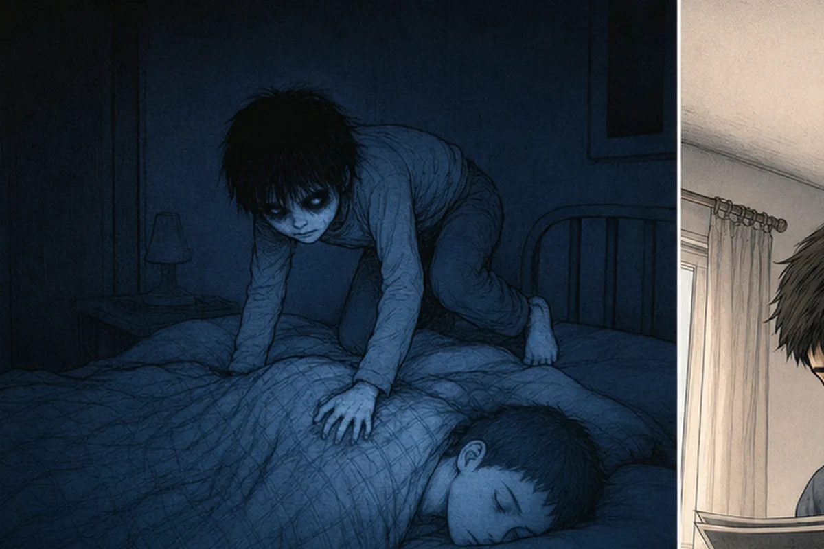 定点カメラの暗視画面で、眠るAdamのベッドへDavidがよじ登る場面