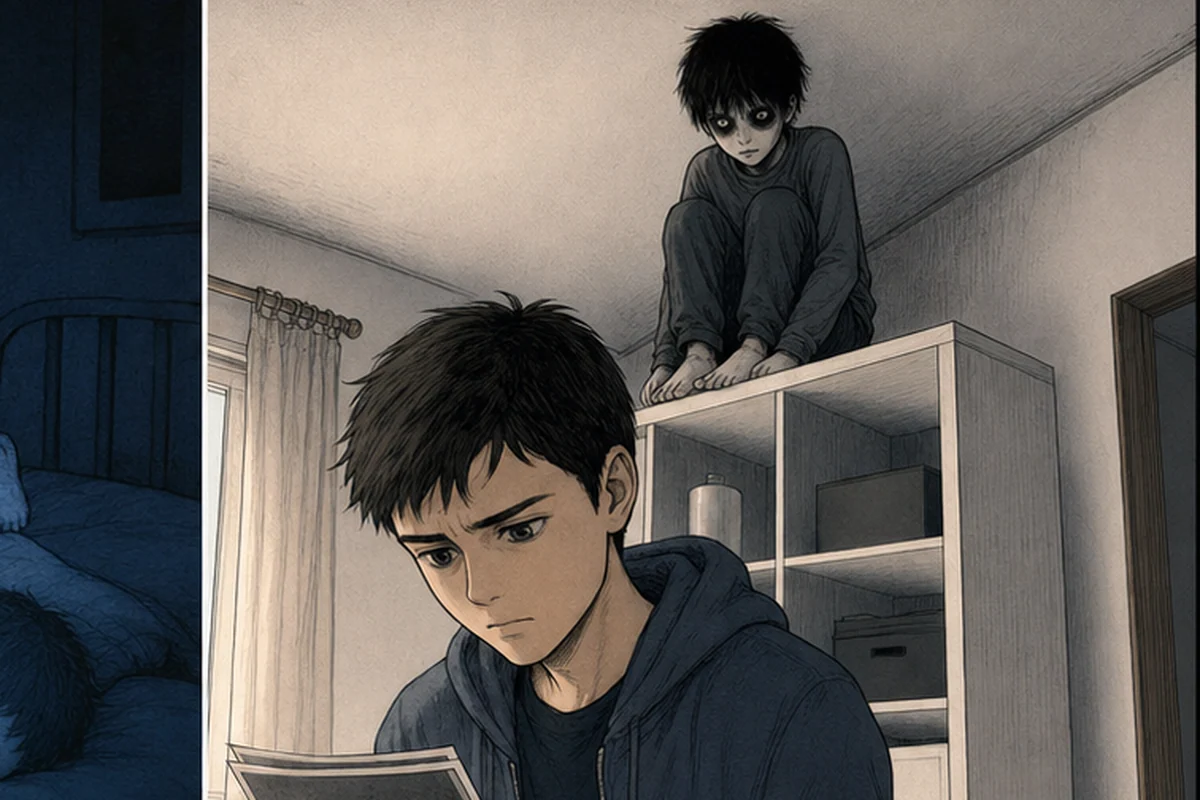 引っ越し後の明るい部屋で写真を確認するAdamの背後、棚の上に少年が座る場面