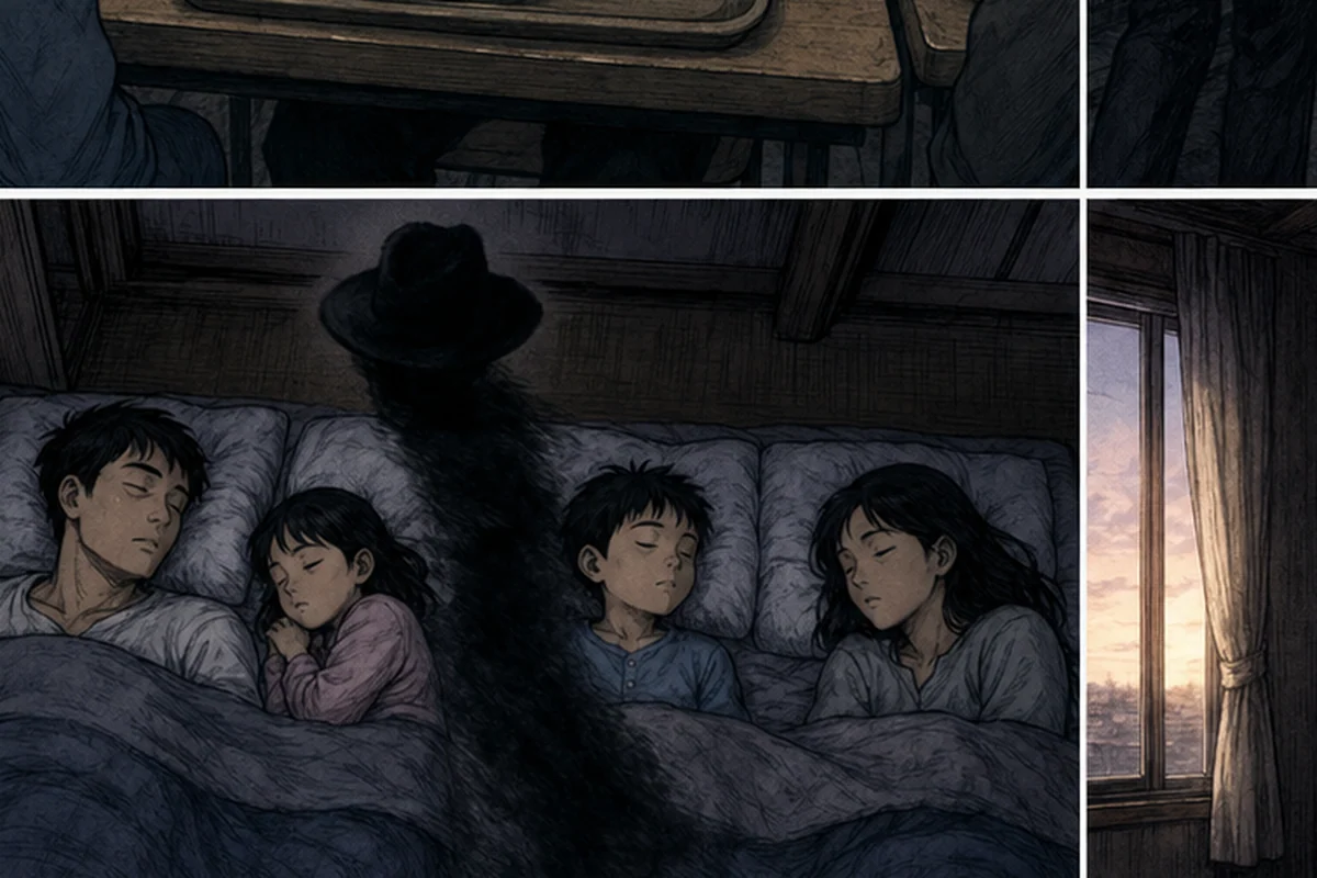 同じ寝室で眠る家族の間を黒い帽子の影が通り抜ける場面