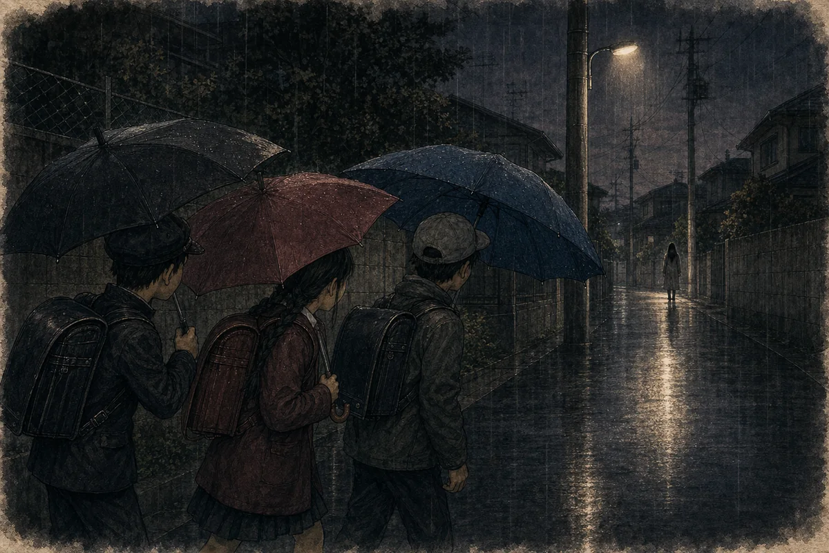 雨の通学路で傘を差した三人の児童が街灯下の遠い女影に気づく場面