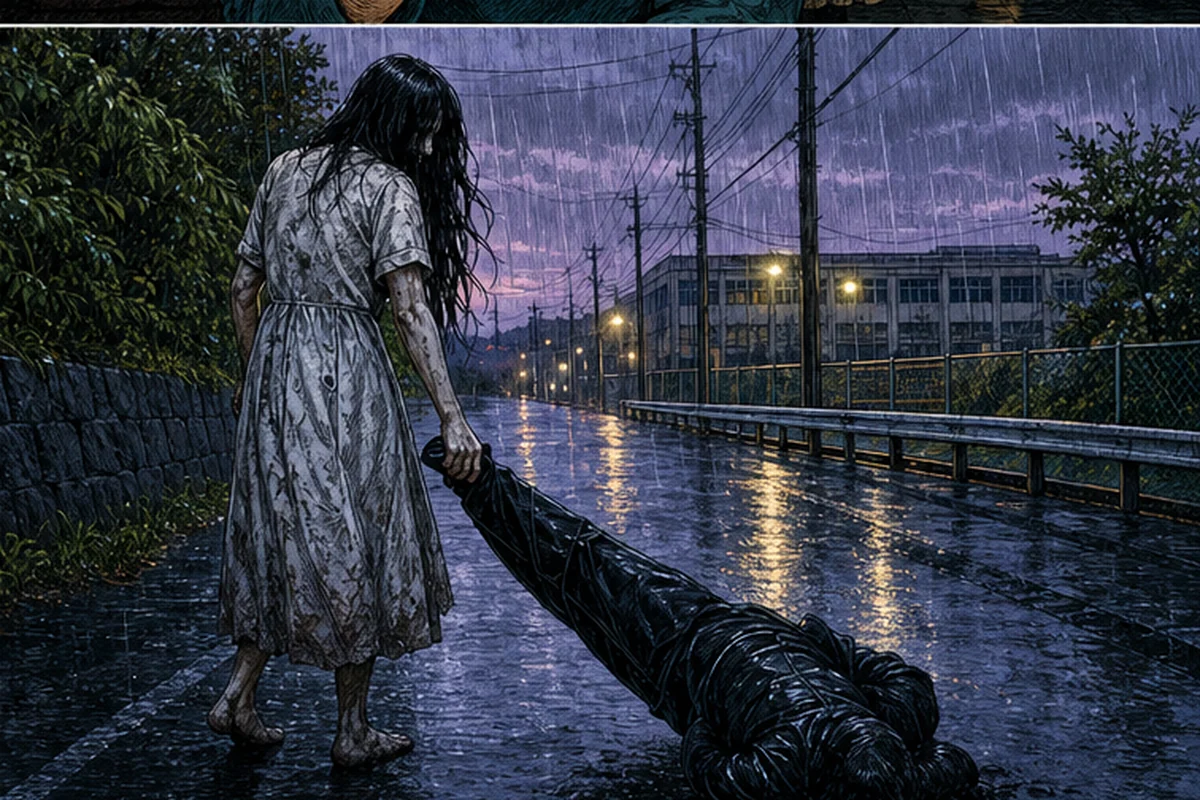 雨の通学路で傷だらけのひきこさんが、かつて自分をいじめた児童を地面へ引きずって進