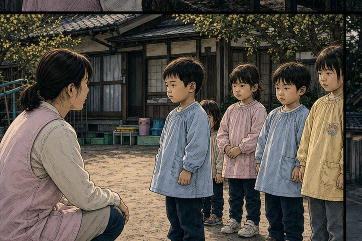 保育士が園児へ飼育ウサギに何が起きたかを尋ね、ほかの園児も静かに聞いている場面