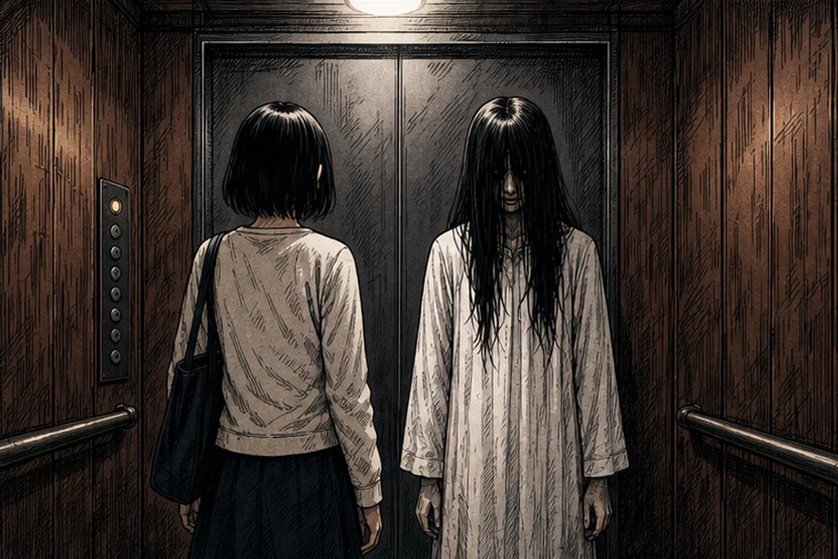 途中階で見知らぬ女が一人だけ乗り込み、参加者を見ないままエレベーターの奥へ立つ