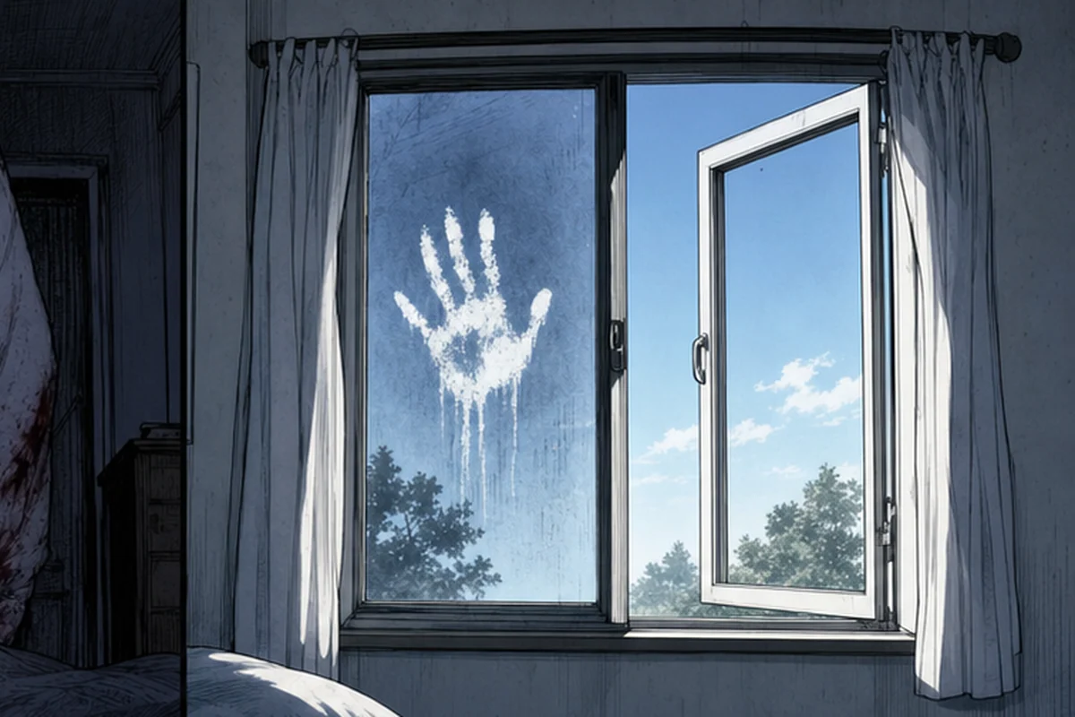 朝の空の寝室で窓だけが開き、ガラスに白い手形が残る場面