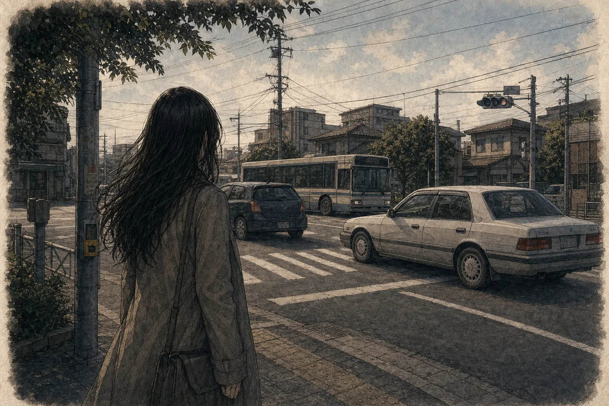 昼の交差点で歩行者や車が行き交い、語り手が歩道から町を見る場面