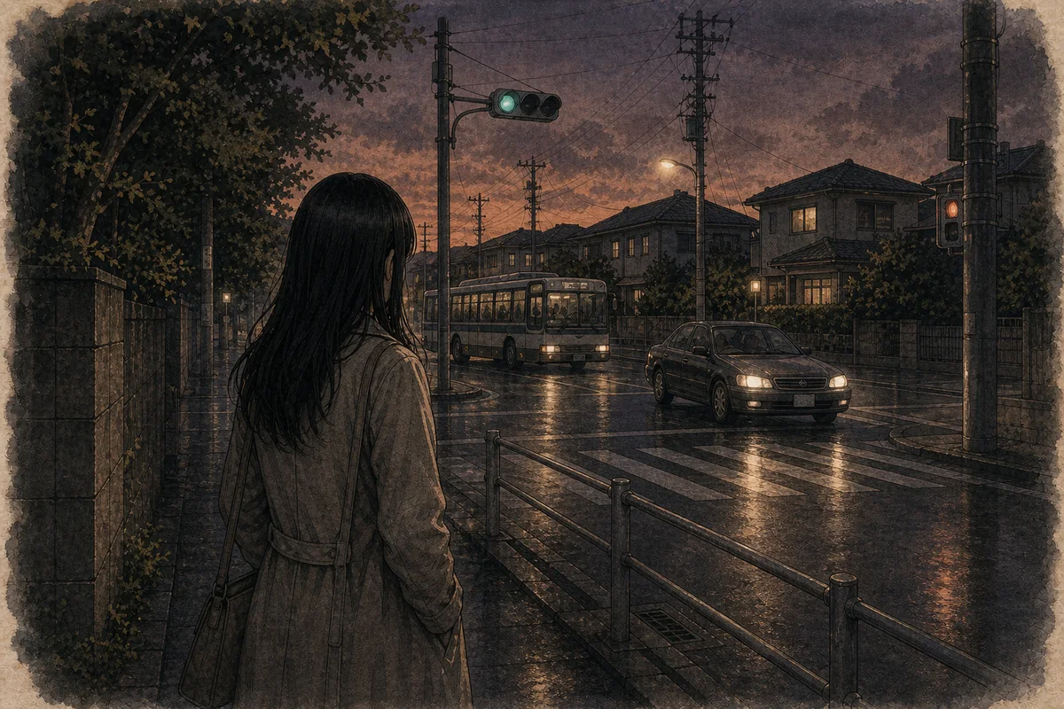 人と車が戻った交差点で語り手が歩道から日常の再開を確かめる場面