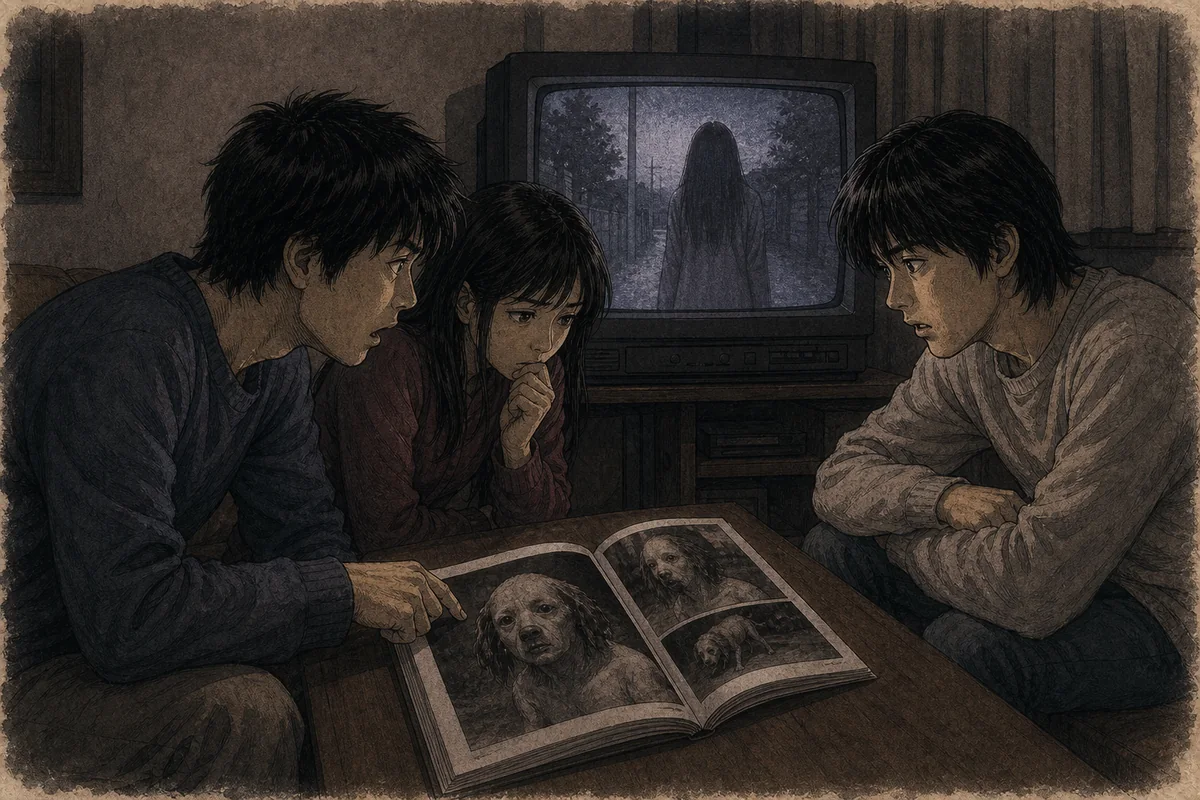1990年代初頭の若者たちがテレビ映像と雑誌写真を見比べる場面