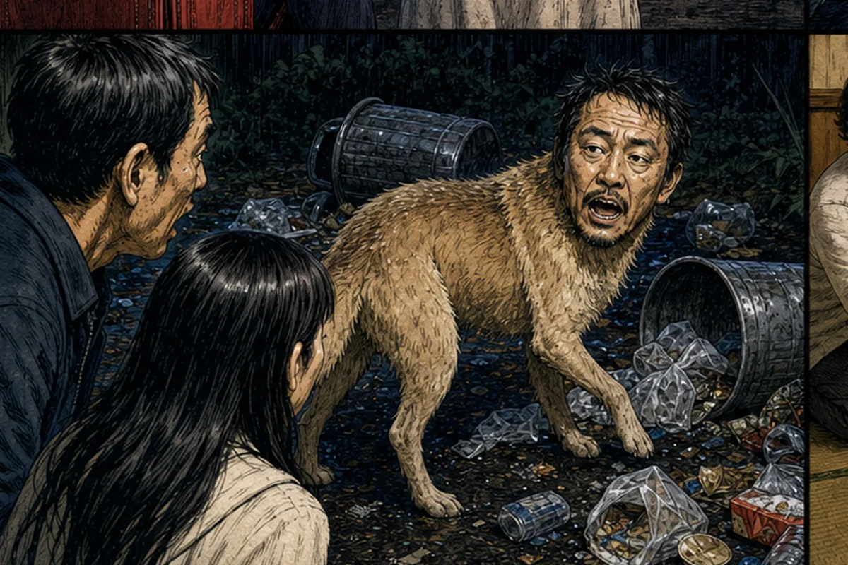 深夜の路地でごみをあさっていた人面犬が目撃者へ人の言葉を返し、そのまま四足で走り去る