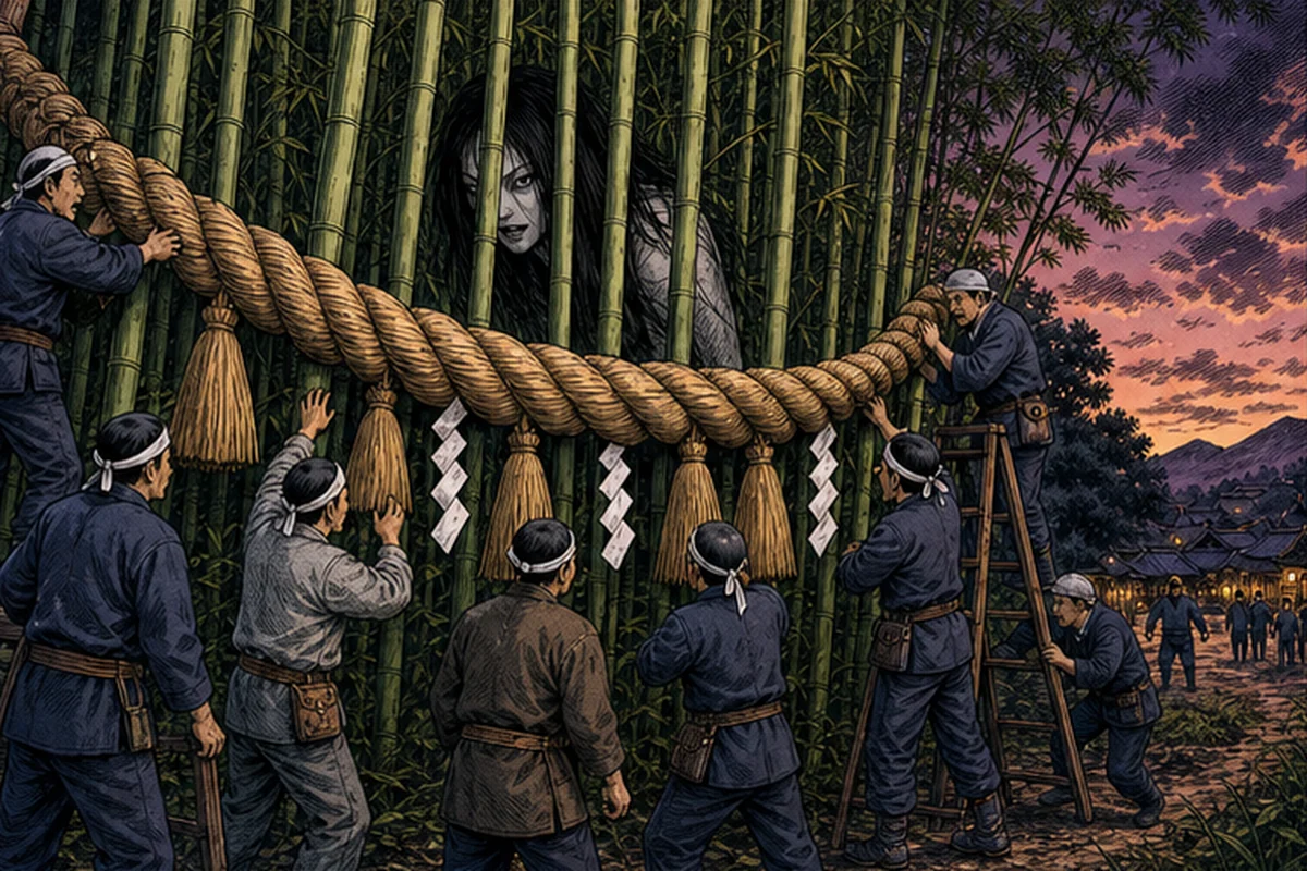 村人たちが竹林を囲む巨大な注連縄を張り直し、内側で暴れるカンカンダラを再び封じる