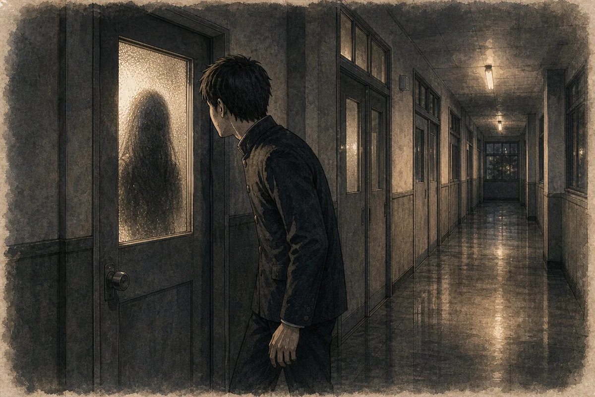夜の明るい廊下で若者が閉じた洗面所扉の曇りガラス越しに人影を見る場面