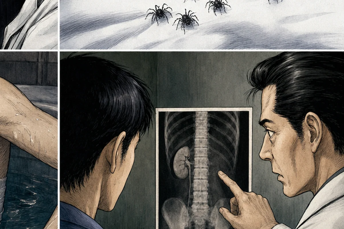 病院の画像を前に医師が片方の腎臓がないことを患者へ告げる場面