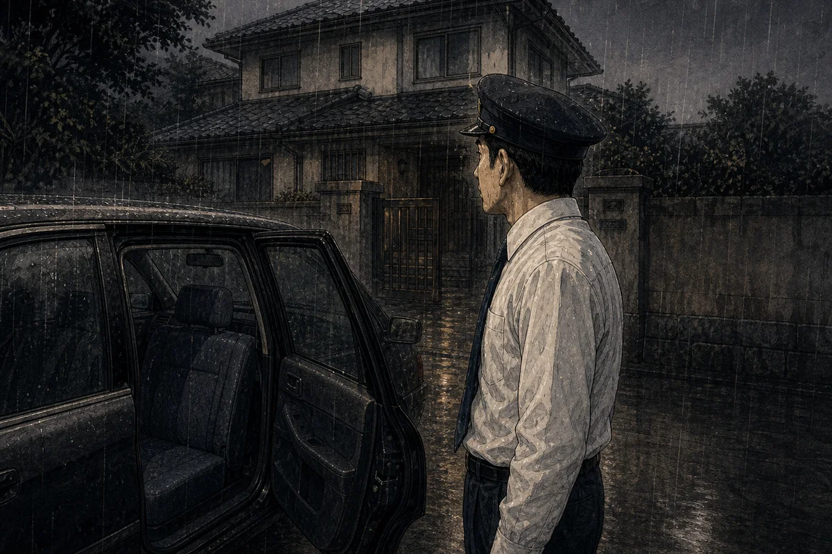 雨の目的地の家の前で車を降りた運転者だけが残り、後部座席が空になった場面