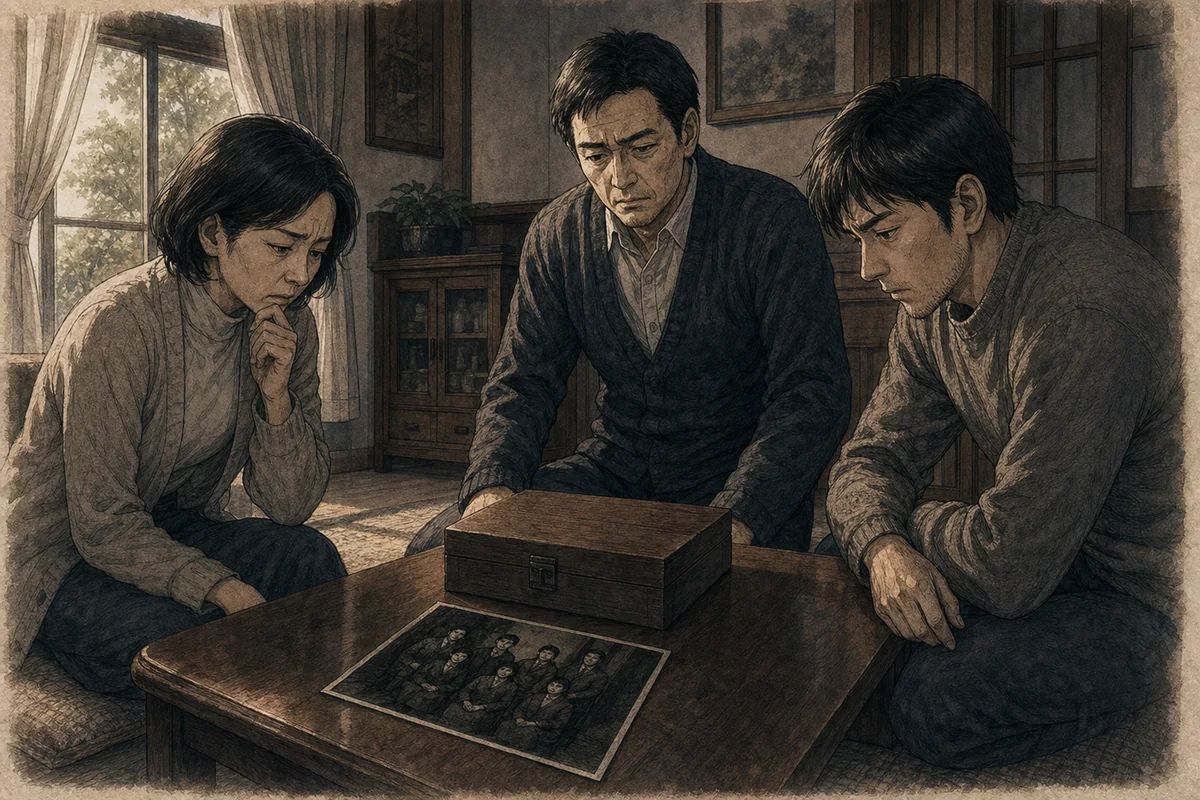 明るい居間で三人の成人親族が閉じた木箱と一人分が黒い集合影を前に話す場面