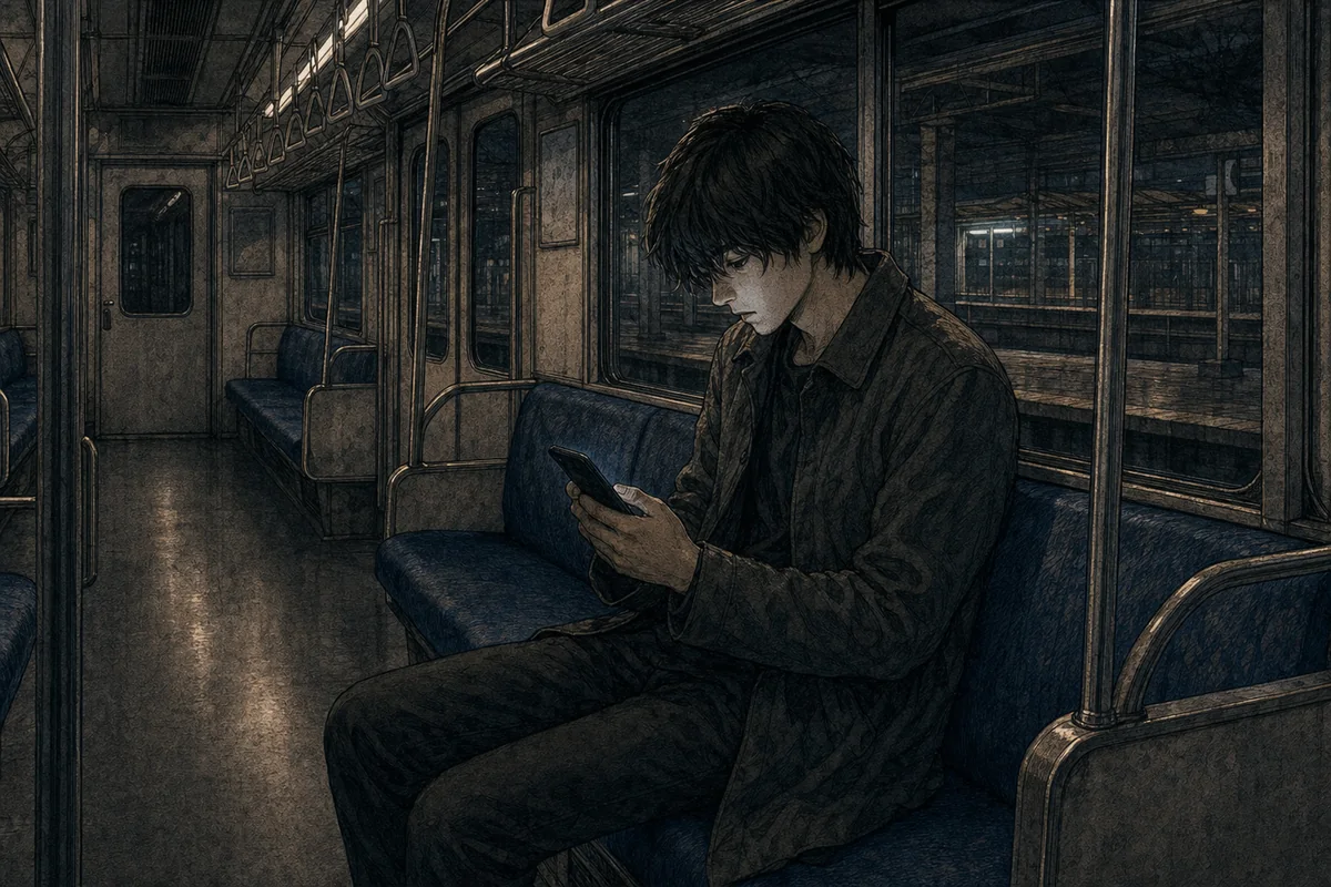 深夜の空いた電車内で若い乗客が見慣れた駅を過ぎ、暗い携帯電話を見る場面