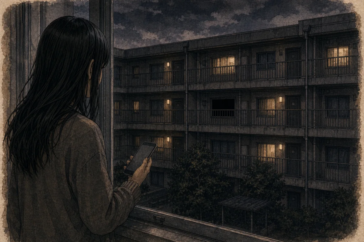 集合住宅の窓辺で読者が携帯電話を持ち、中庭の一室だけが消灯する場面