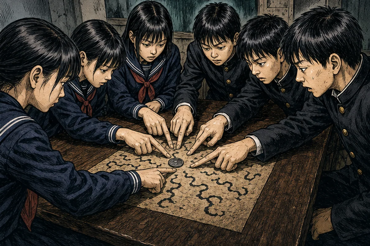 児童たちの指を載せた硬貨が誰も押していないのに文字盤の上を動き、質問へ答える