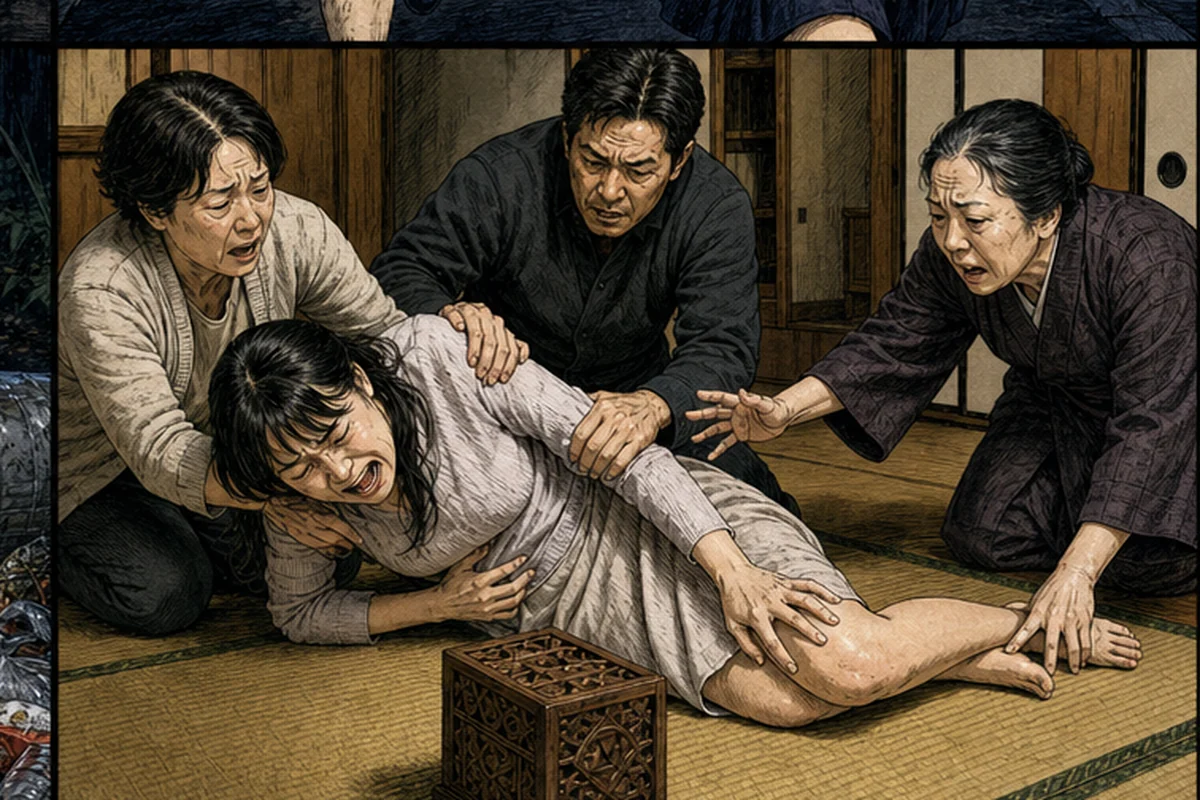 寄木細工の小箱に触れた若い女性が激しい腹痛で倒れ、家族が呪いの箱から引き離そうとする