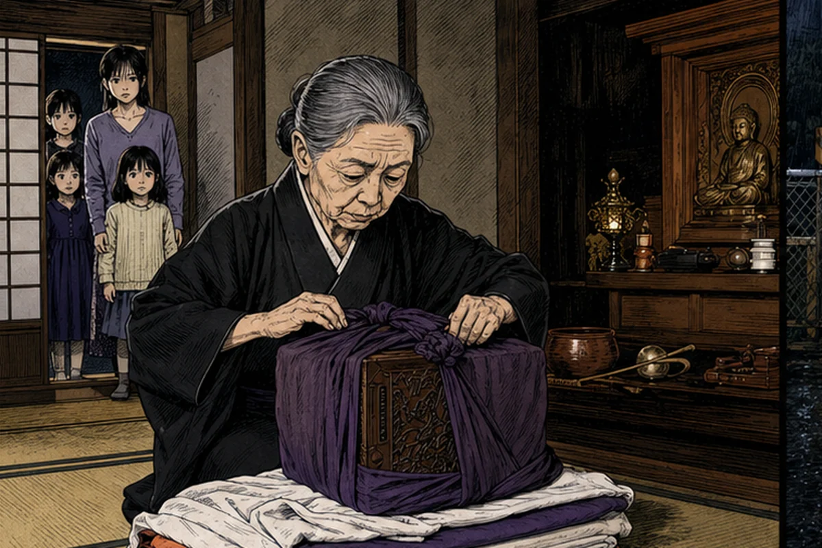 来歴を知る年長者が小箱を布で幾重にも包み、女性と子どもを遠ざけた仏間で封じ直す