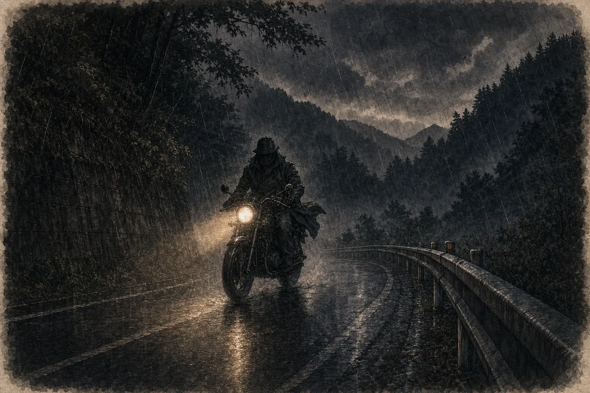雨の山道の遠方から高い襟で頭部が見えにくいライダー影が近づく場面