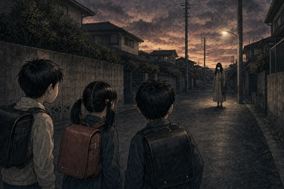 1970年代末の夕暮れの通学路で三人の児童が口裂け女の噂を交わし、遠くにマスク姿の女が立つ場面