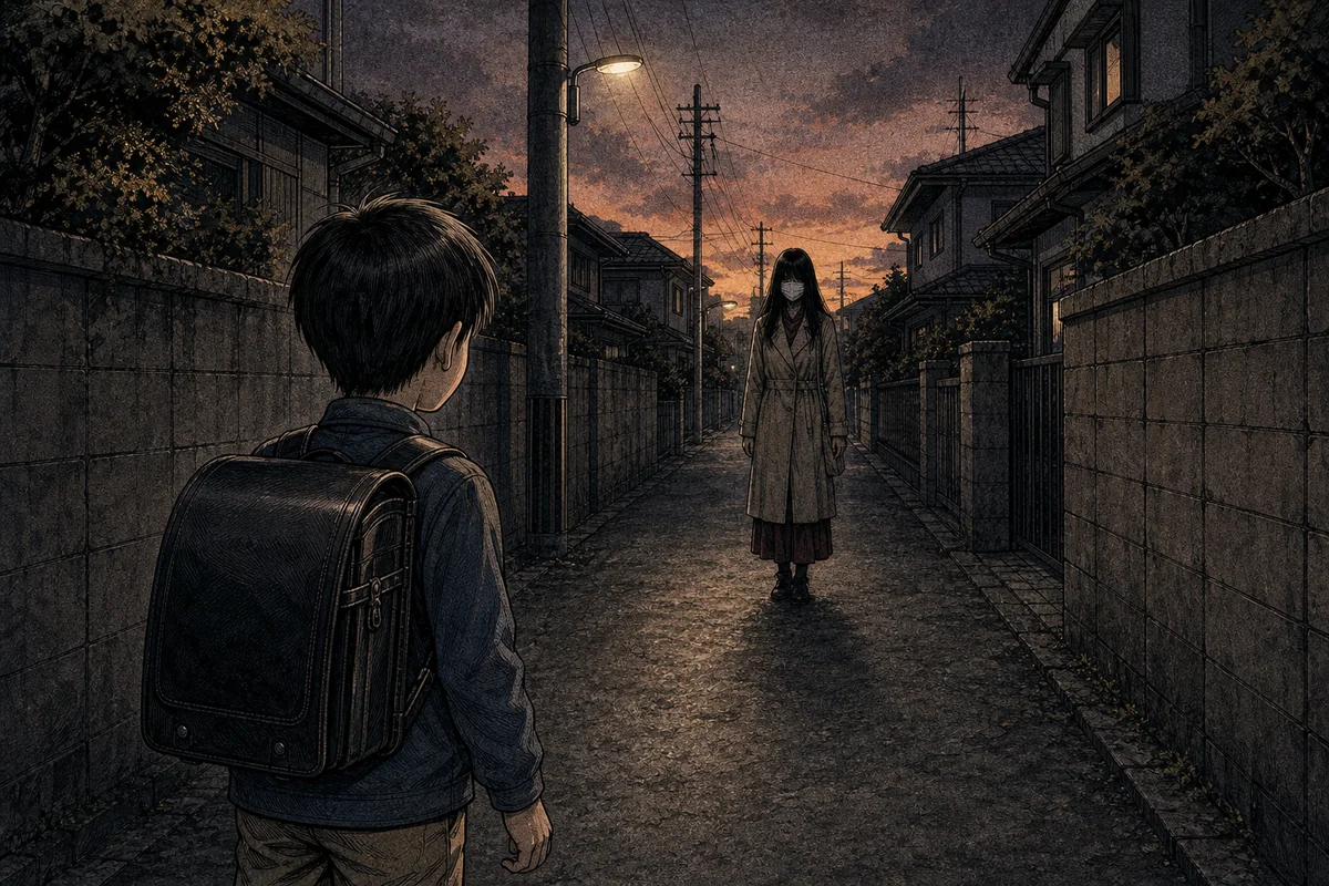 夕暮れの路地で一人の児童が白いマスクの女と距離を置いて向き合う場面