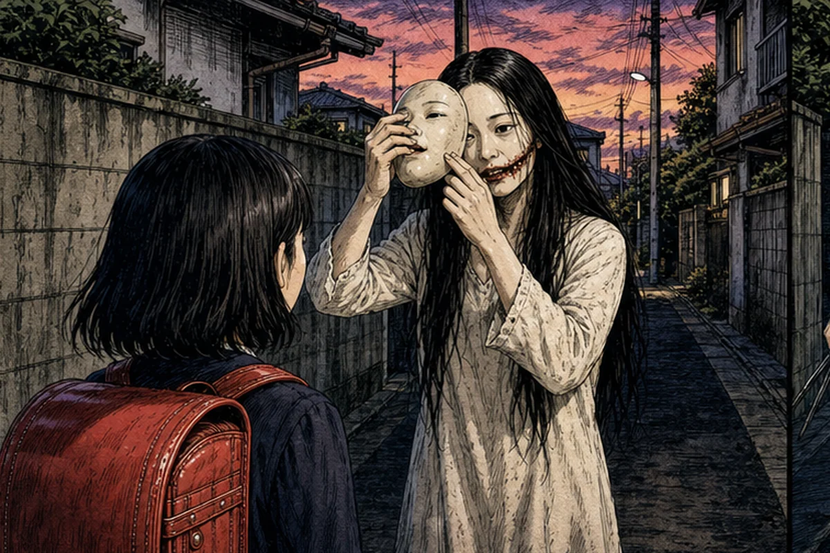 夕暮れの路地でマスクの女が口元をさらし、耳元まで裂けた口を目の前の児童へ見せる