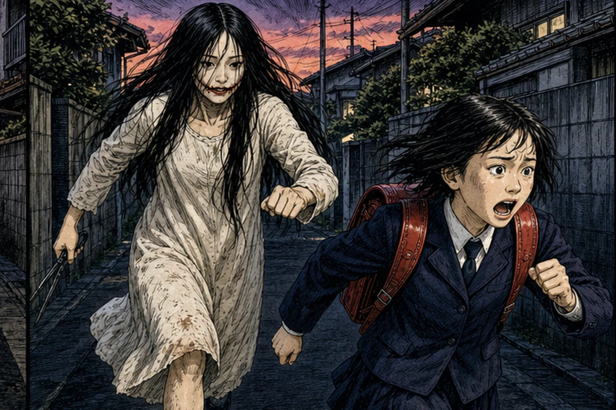 大きな鋏を持つ口裂け女が、薄暗い住宅街を逃げる児童のすぐ後ろまで迫る