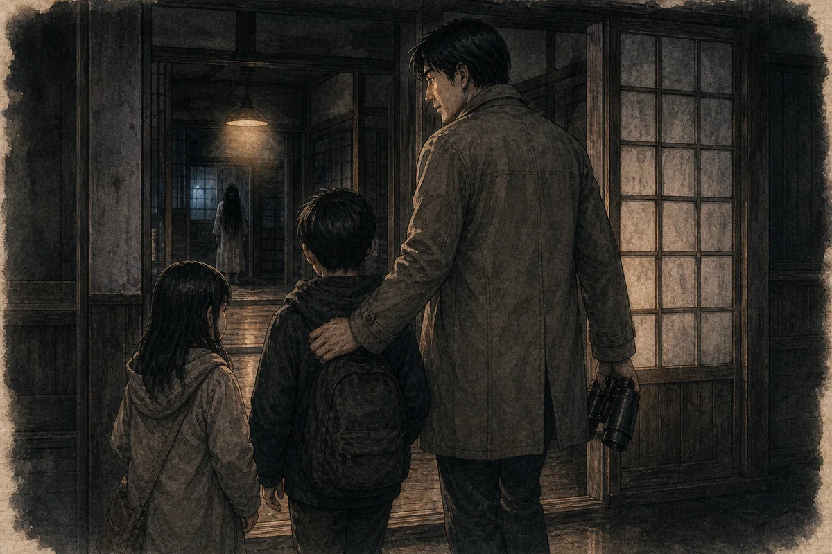大人が双眼鏡を下げたまま二人の子どもを屋内へ案内する場面