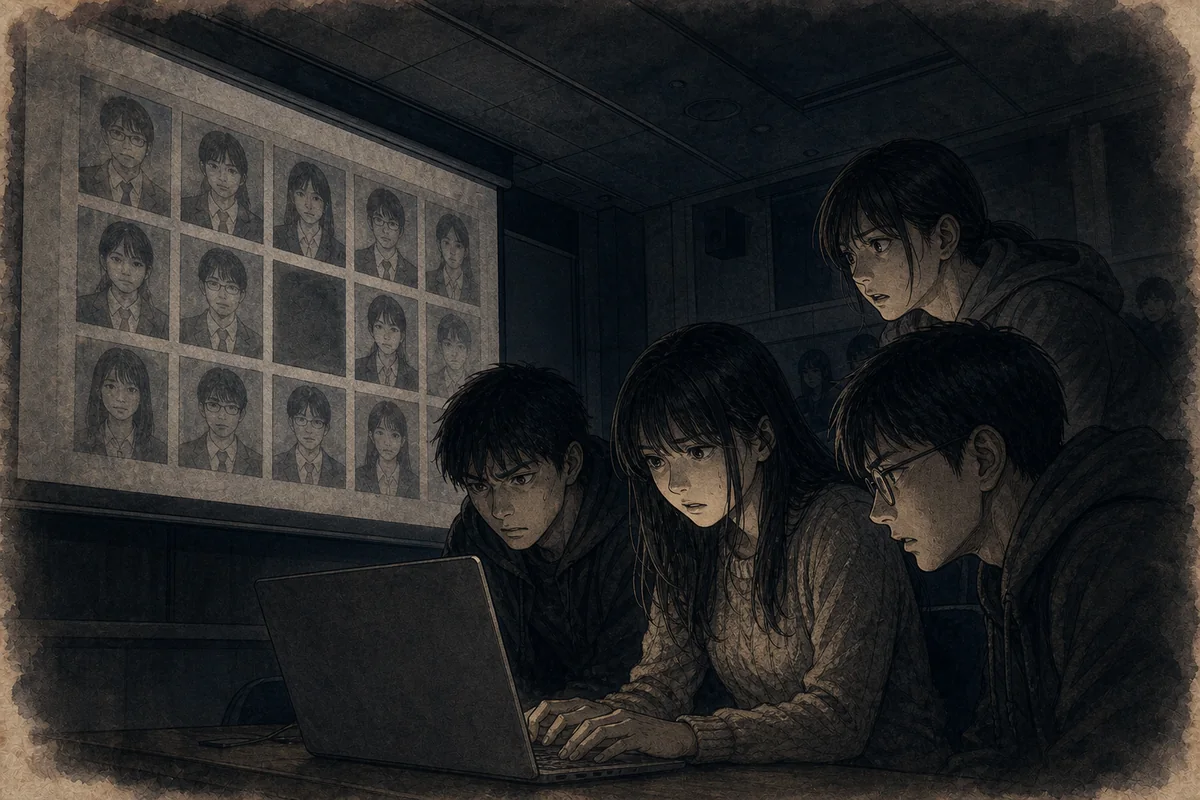 参加者一覧から少女の影が消えた後も画面を確かめ続ける学生たちの場面