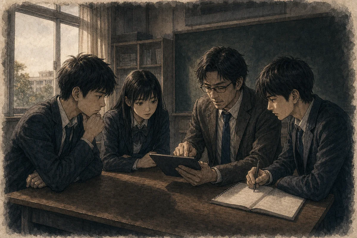 翌朝に三人の生徒が教師と端末のプライバシー設定を確認し、記録を残す場面