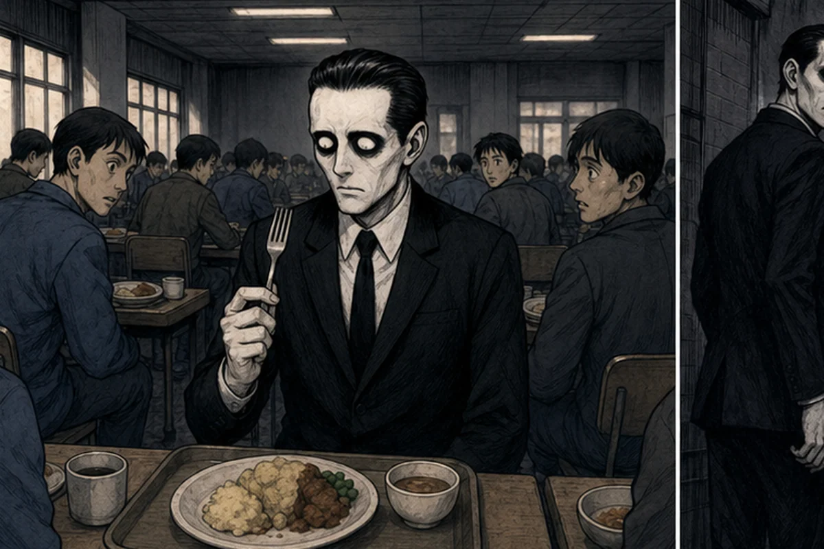 食堂で黒服の訪問者がフォークの使い方を知らず周囲を観察する場面