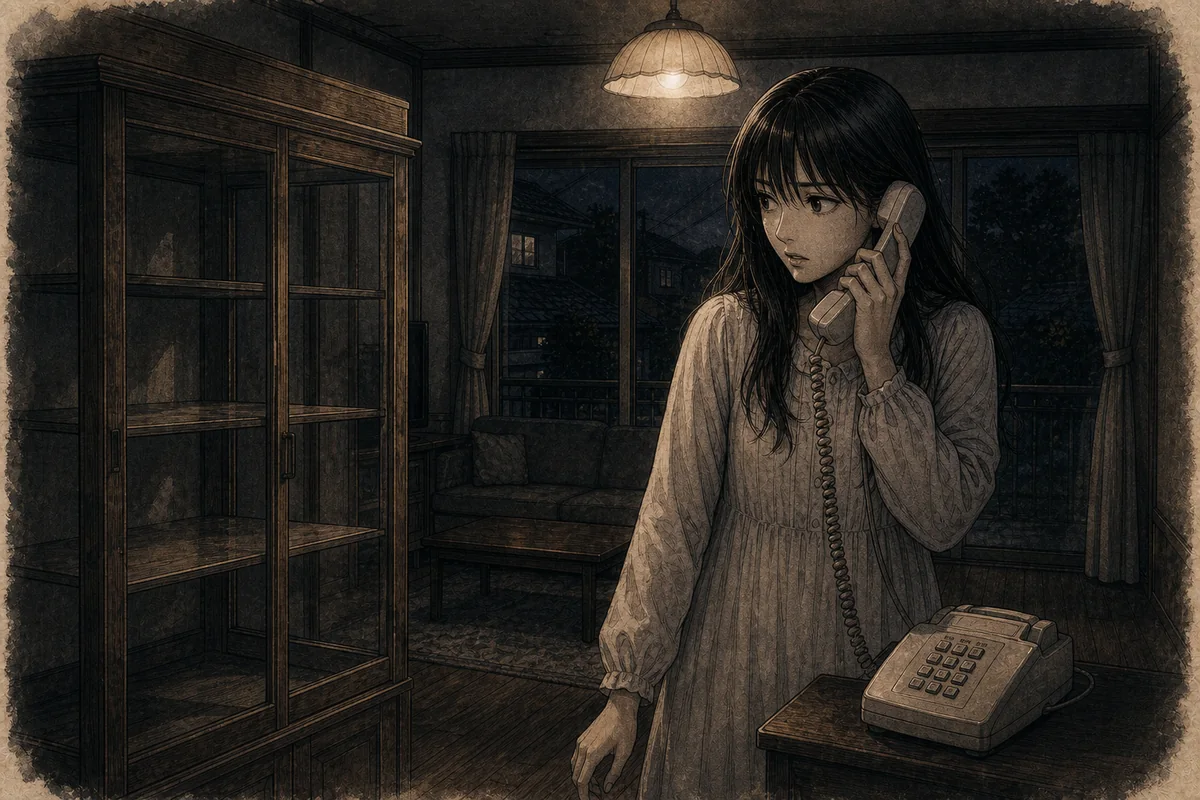 夜の居間で若い女性が固定電話を取り、空になった人形棚を見る場面
