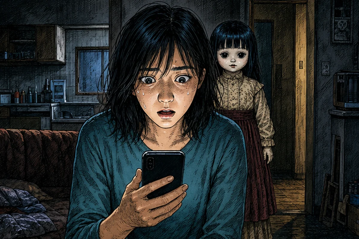 最後の電話を切った女性が振り向くと、捨てたはずのメリー人形がすぐ背後に立っている