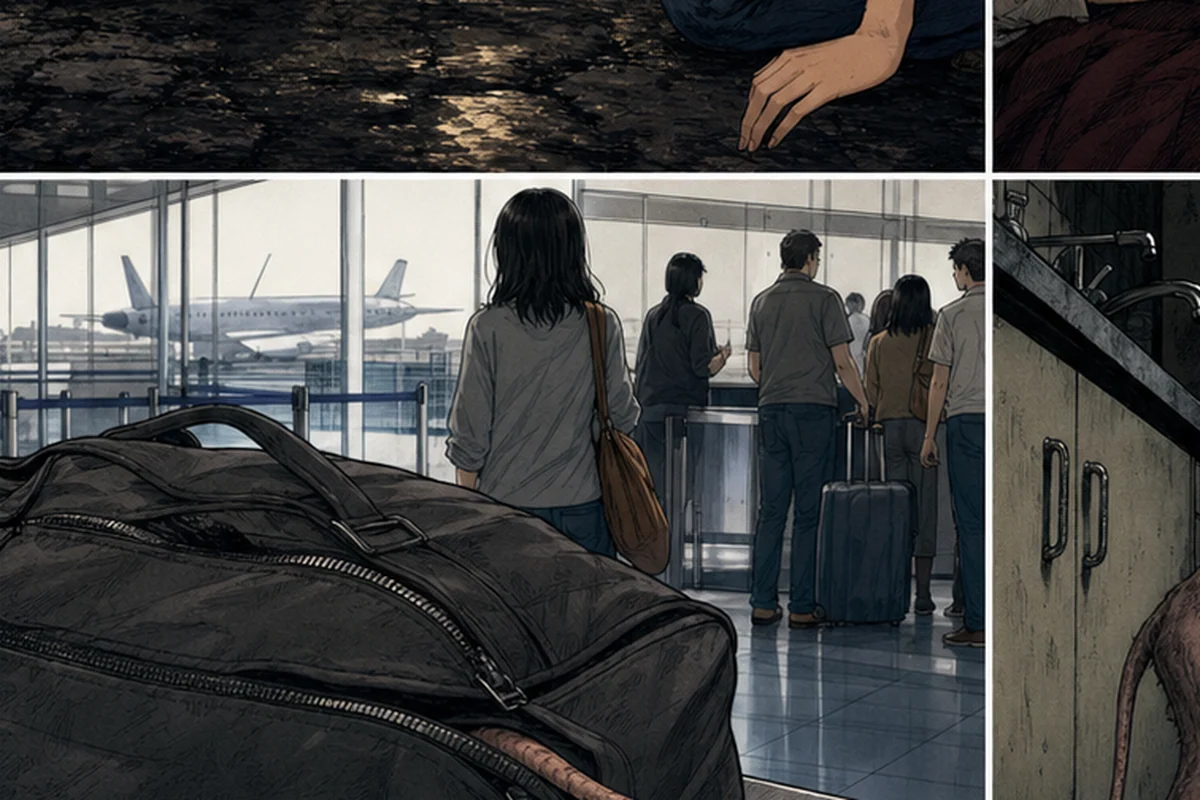 空港で女性の旅行鞄の隙間から、細長い尾だけがのぞく場面