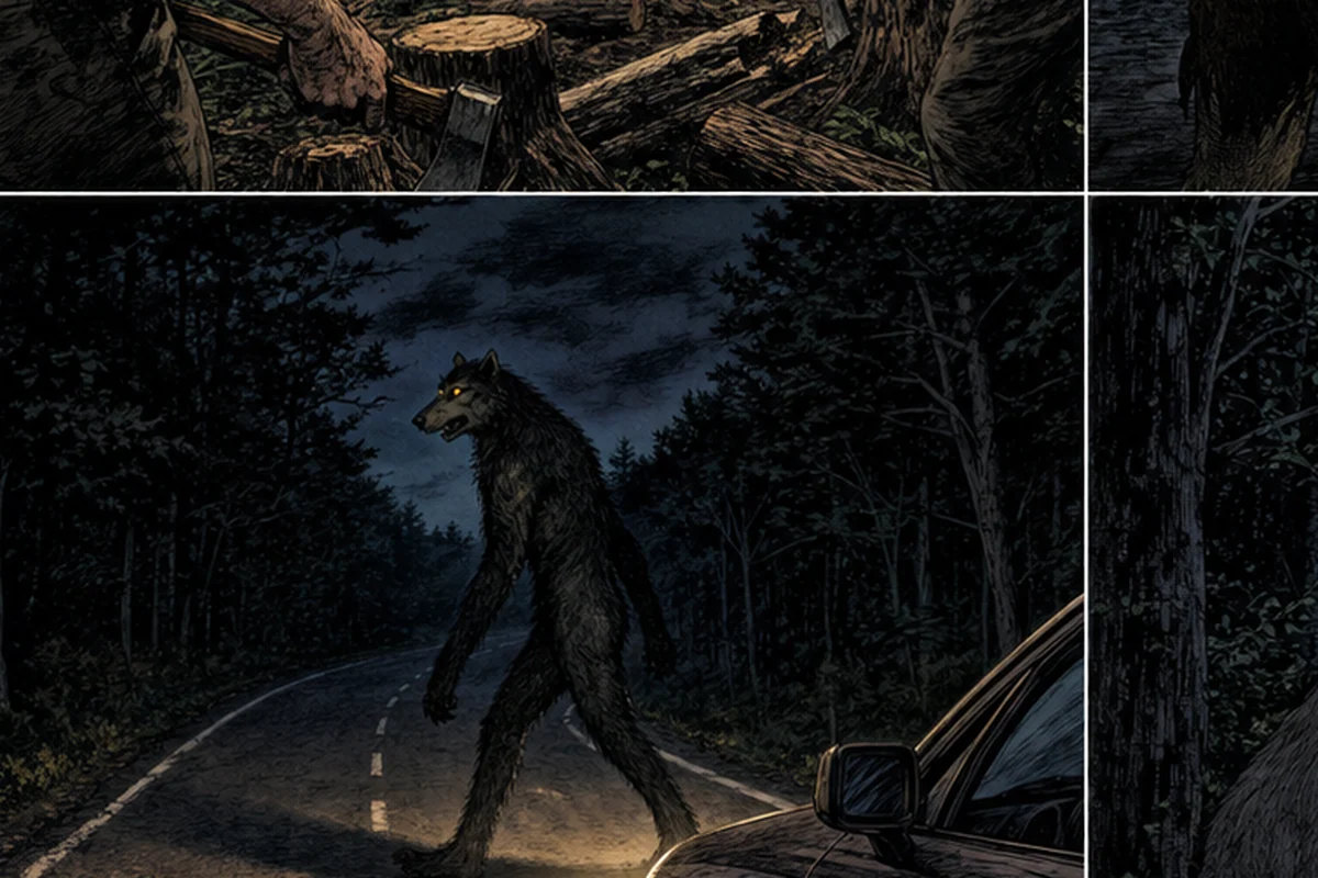 夜の州道を琥珀色の目の獣人が二足で横切り、車が急停止する場面