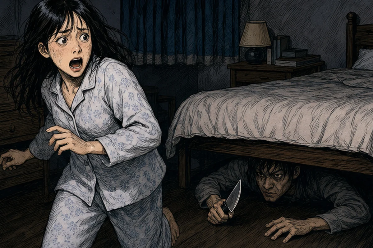 耳に穴を開けた女性が耳たぶから出ている細い白い糸へ気づき、鏡の前で指につま