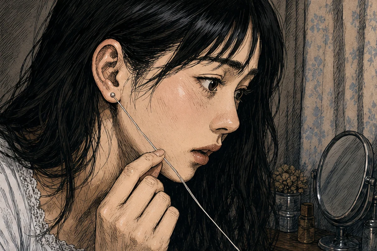 女性が白い糸を引くと、糸が耳の奥へ続き、片目の奥へ強い痛みが走る