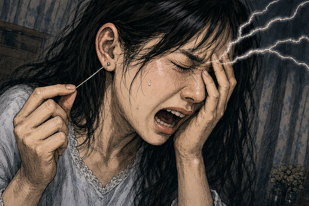 白い糸をさらに引いた瞬間、女性の片目から光が消え、視界が暗くなって鏡へ手をつく