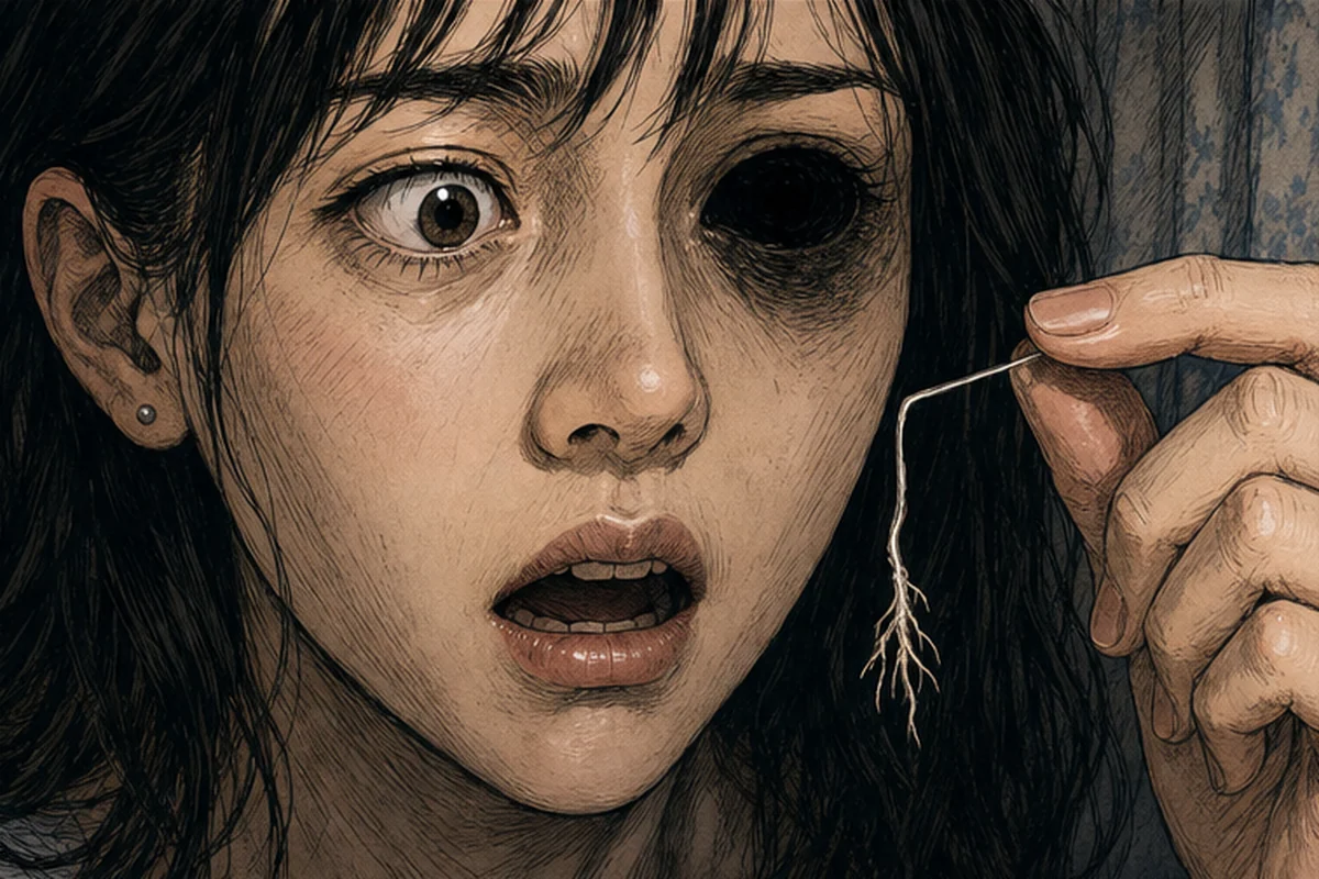 引き出した白い糸が眼球へつながる神経だったと悟り、片目が見えなくなった女性が糸を手に立ち尽くす