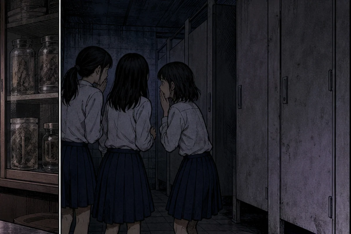 放課後の暗い学校便所で三人の女子児童が紫ババアの噂を話し、最後の個室下へ紫の影が現れる場面