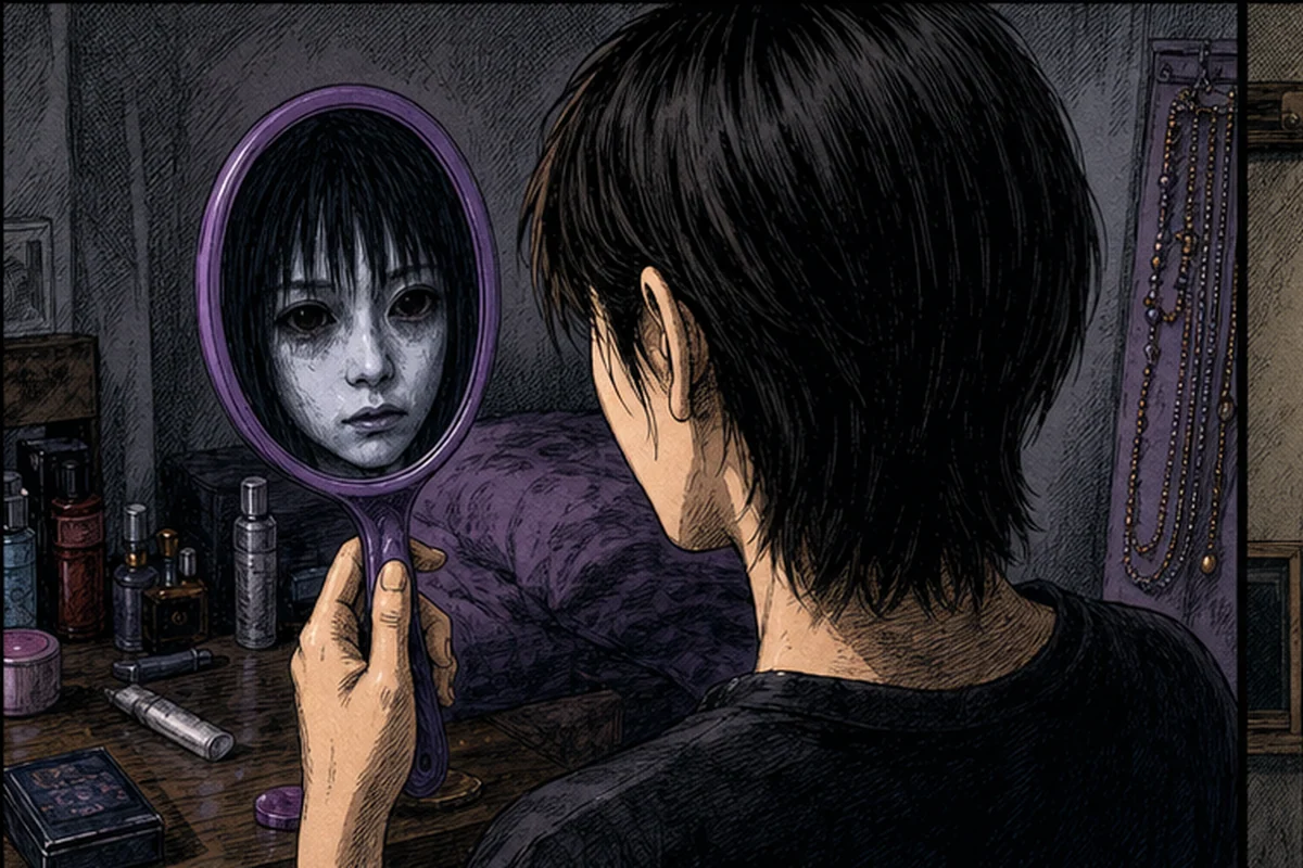 二十歳の誕生日を迎えた若者が幼い頃の言葉を思い出し、紫色の鏡の中に自分ではない青白い顔を見る