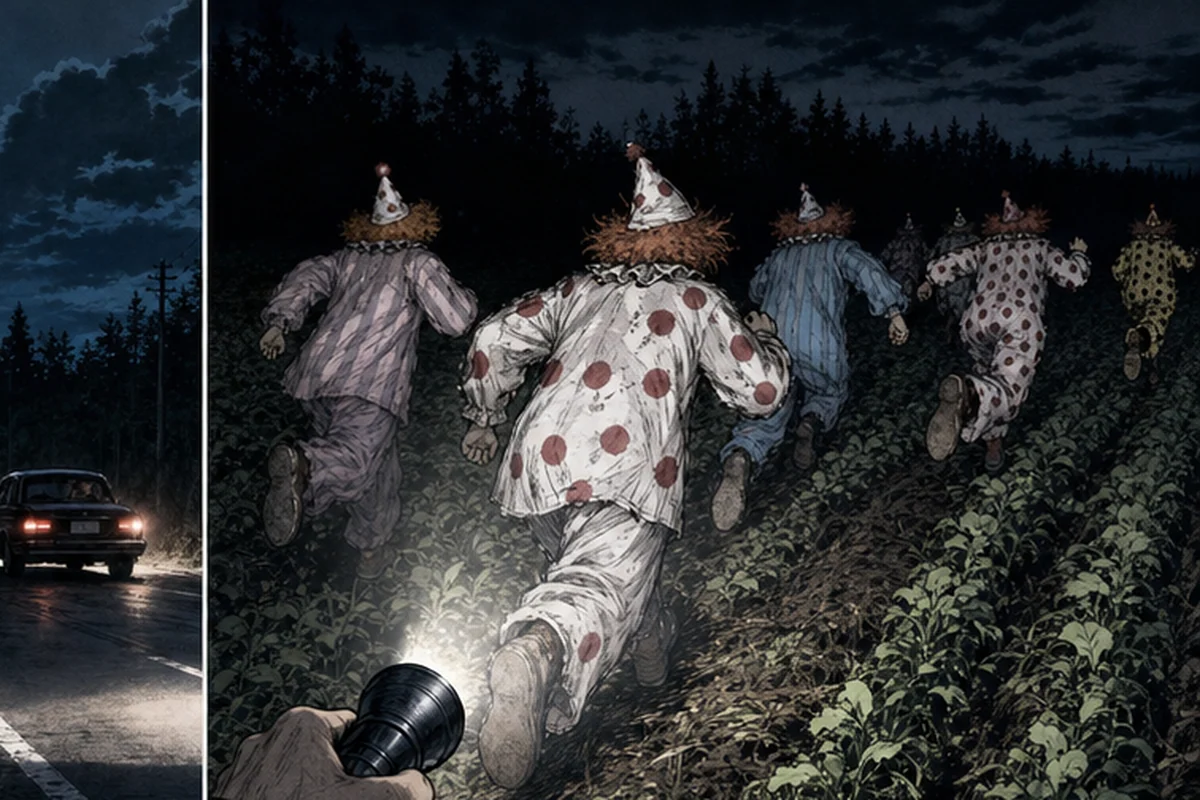 懐中電灯を向けられた複数の道化師が畑を走って逃げる目撃場面
