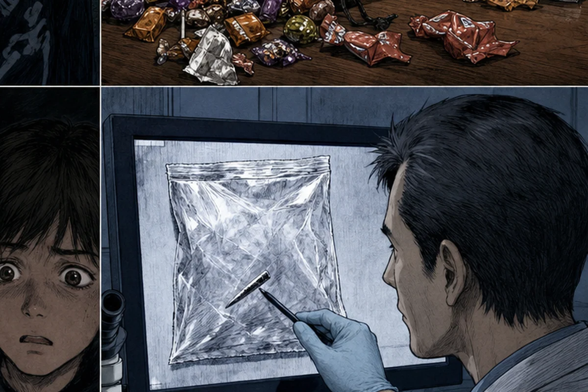 病院の検査室で技師が菓子袋の画像に細い金属片を探す場面