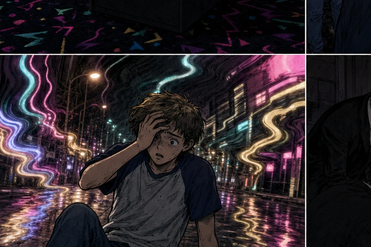 ゲーム後の少年が店外で眩暈を起こし、ネオンが歪んで見える場面