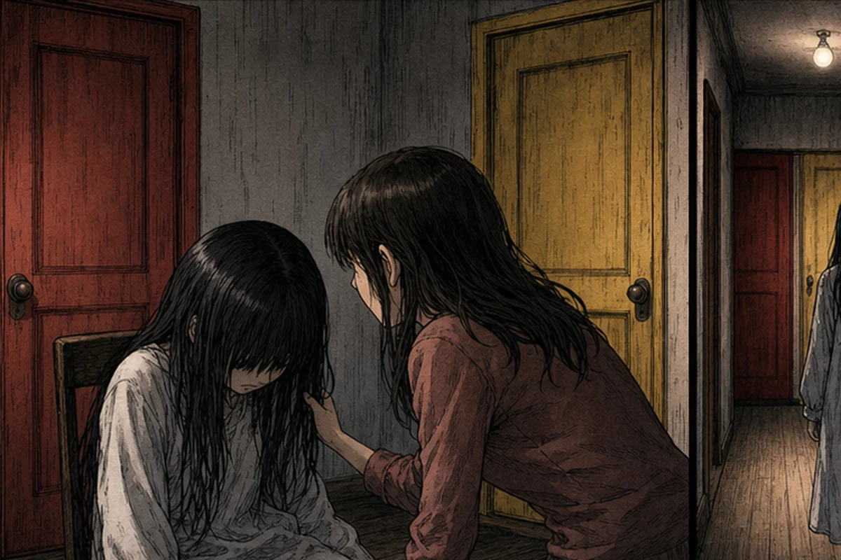 現実の部屋で案内役が反応しない少女の名を呼び、肩を揺らす場面