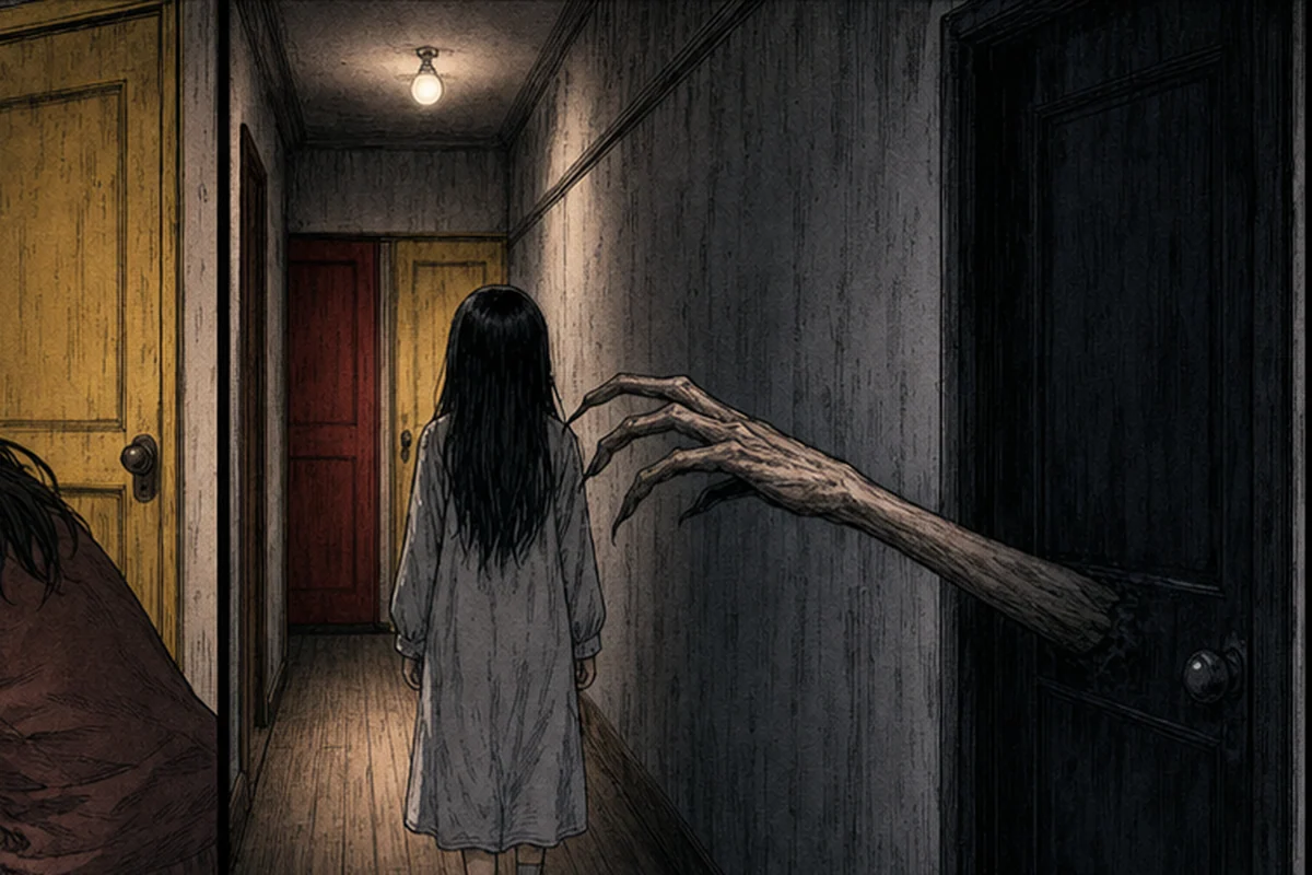 廊下を戻る少女の背後で、開けていない黒い扉から長い手が伸びる場面