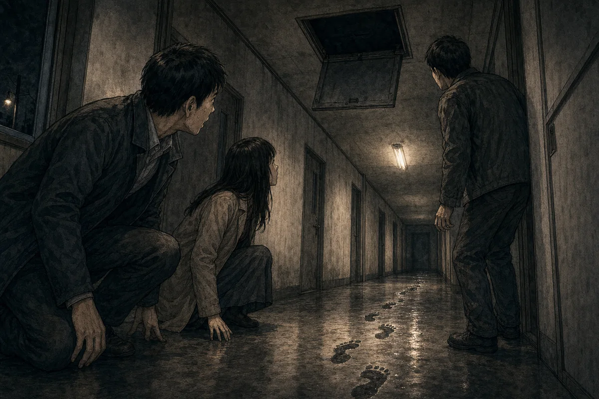 夜の廊下で短期滞在者たちが天井の閉じた点検口へ続く濡れた足跡を見つける場面