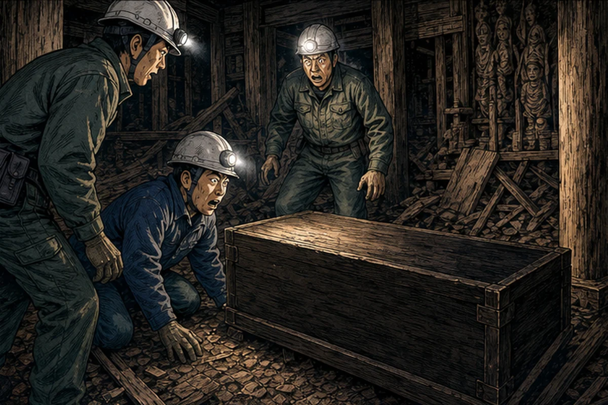 古寺の解体作業員たちが本堂奥の隠し部屋で、棺ほどの黒ずんだ木箱を見つける